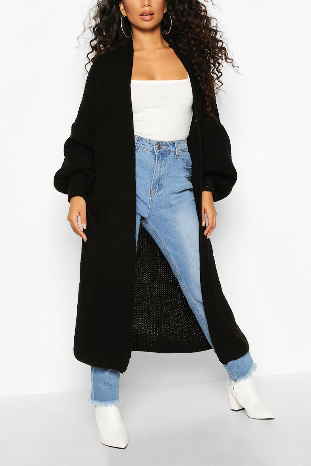 LONGLINE BALLOON SLEEVE KNITTED CARDIGAN ONE Size-KATCH ME