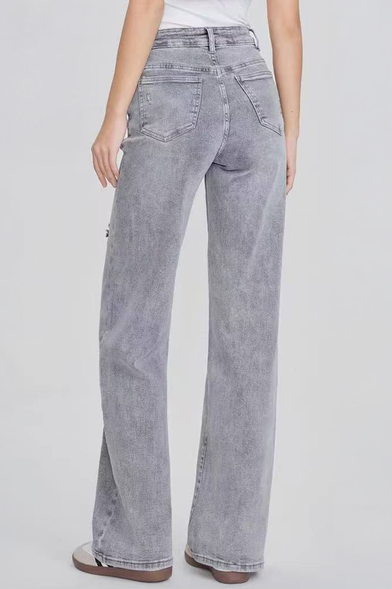 Street High Waist Multi-Pocket Ripped Wide Leg Jeans-KATCH ME