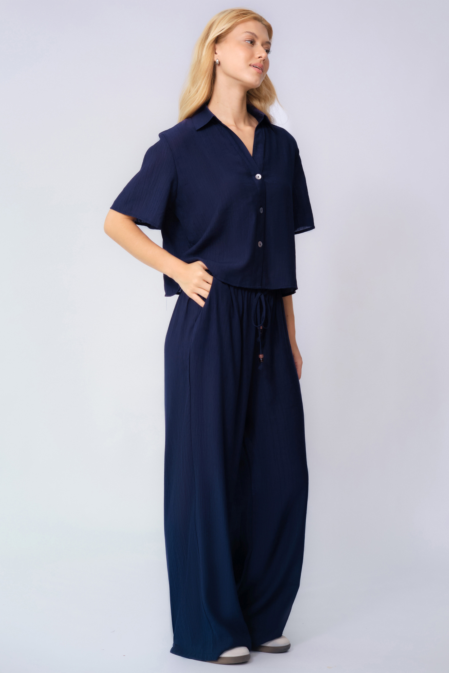Classy Solid Color Collared Shell Button Loose Top & Drawstring Wide Leg Trousers Co-ord