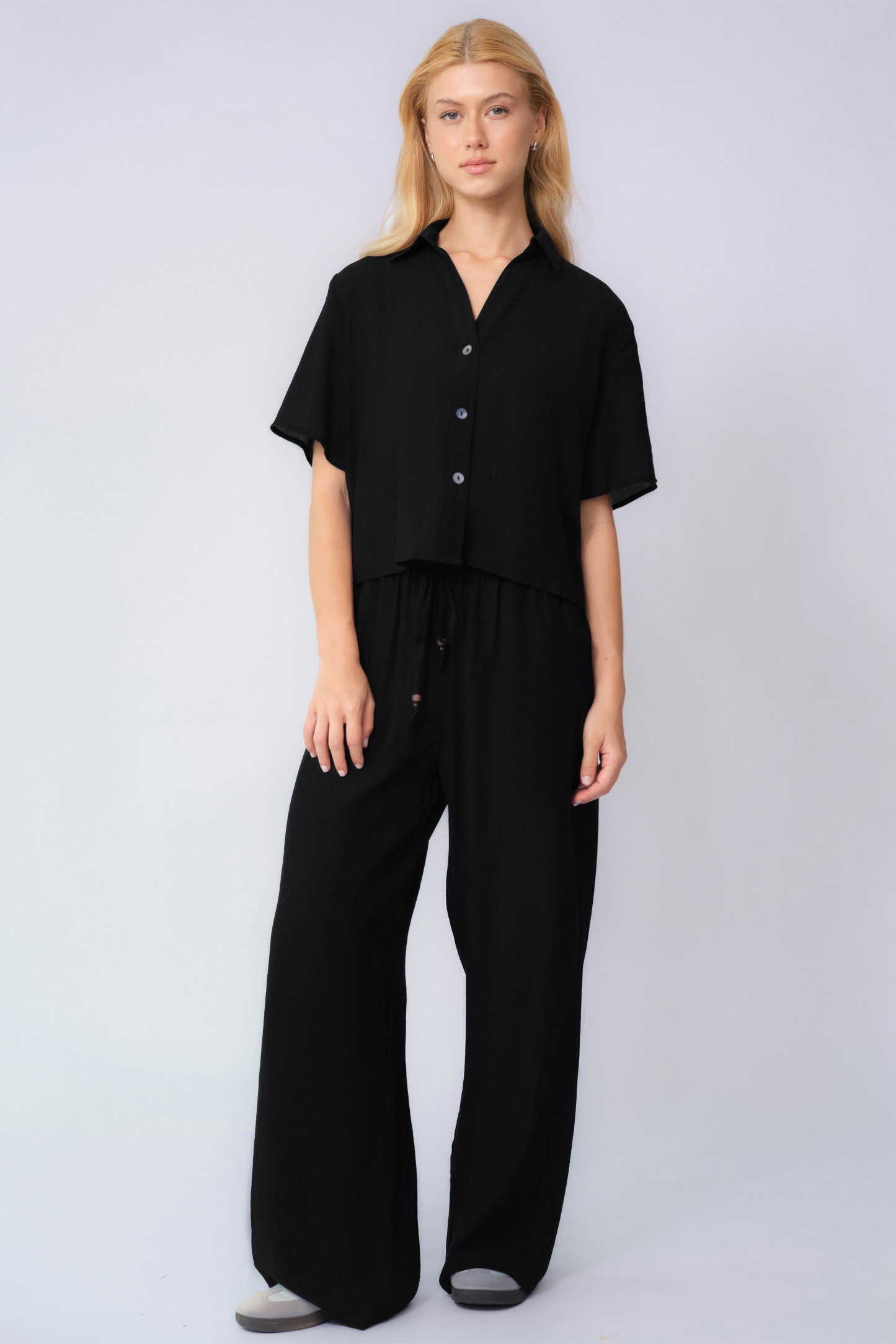Classy Solid Color Collared Shell Button Loose Top & Drawstring Wide Leg Trousers Co-ord