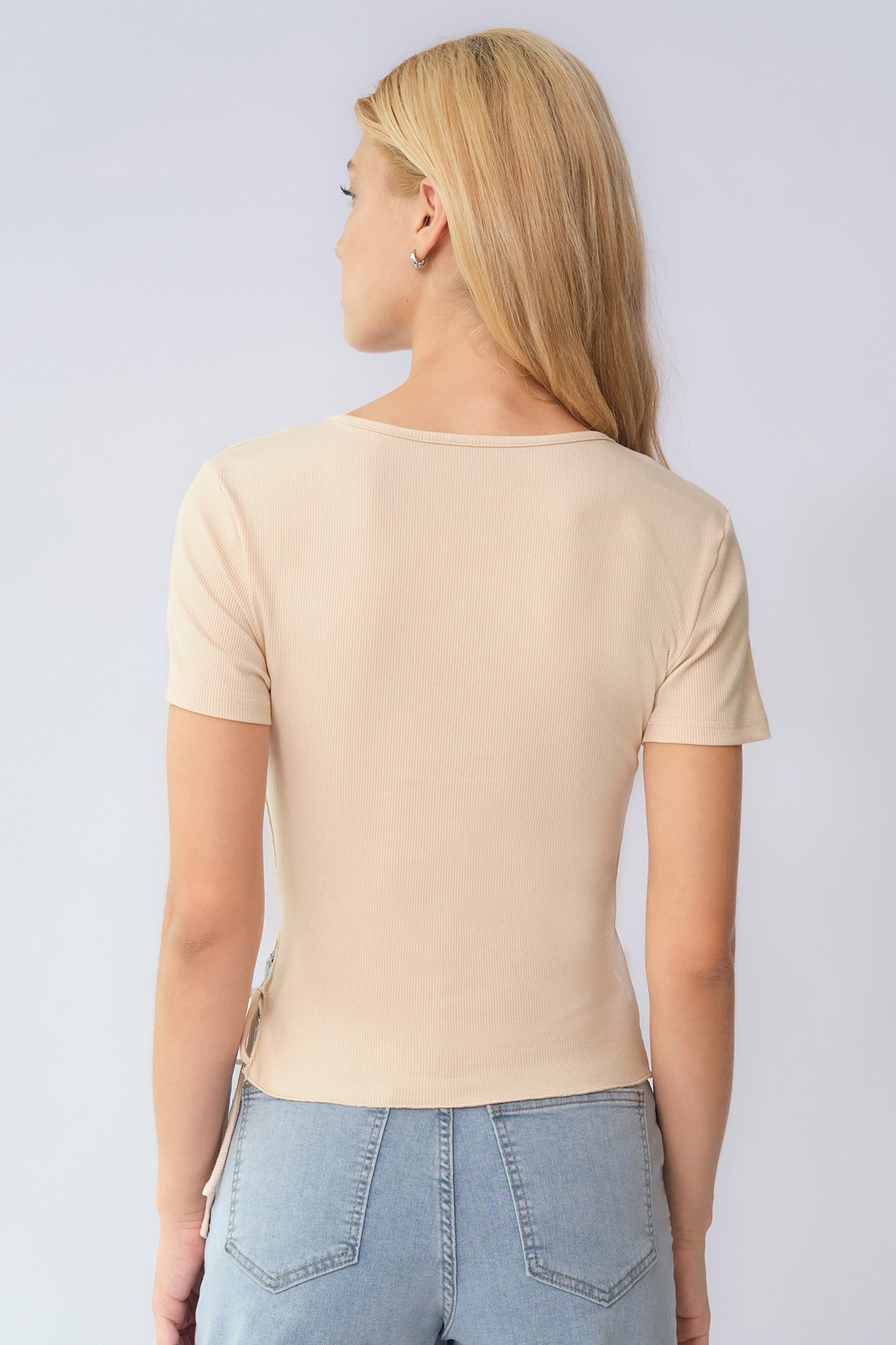 Elegant Solid Color V Neck Short Sleeve Side Drawstring Slim Top