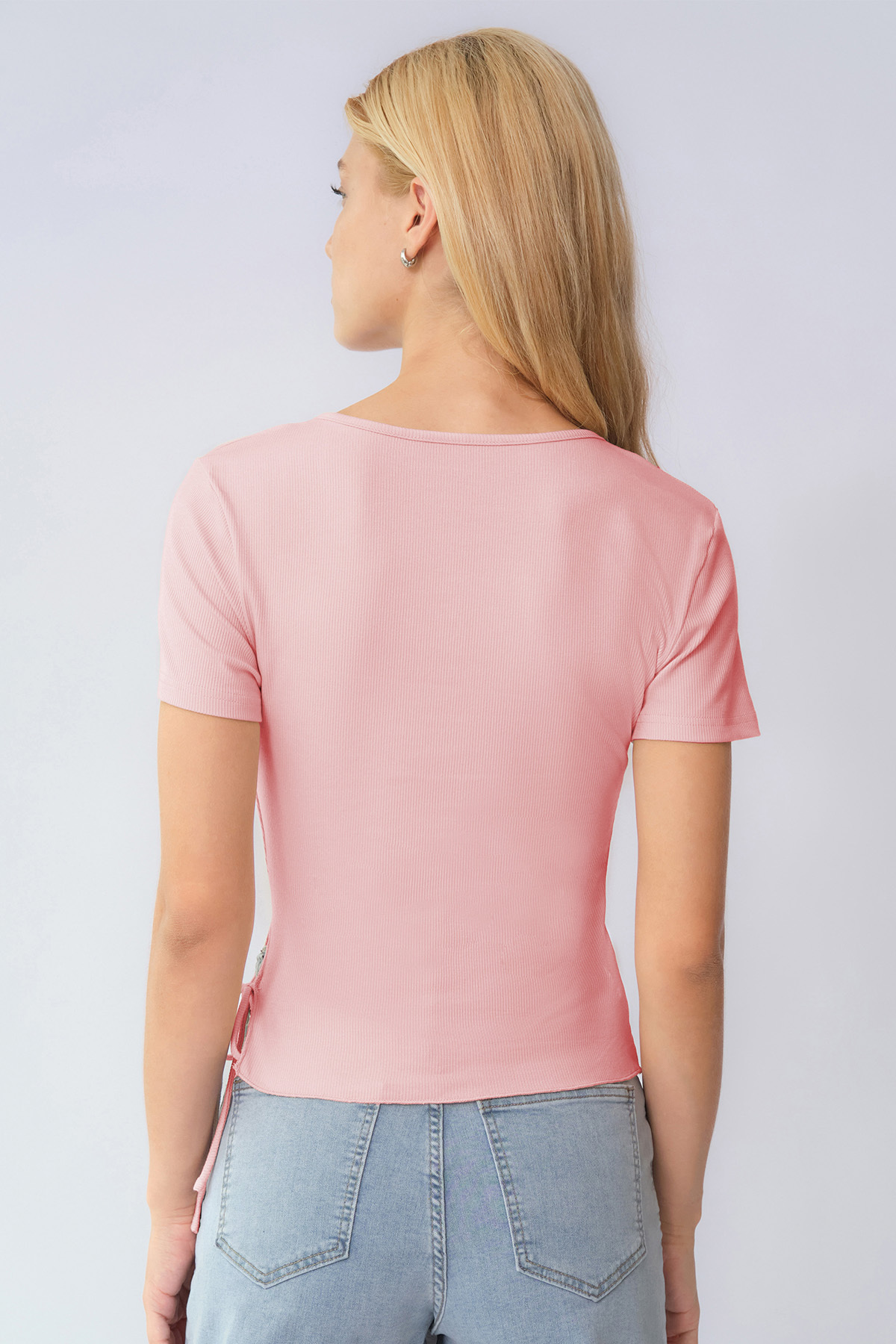 Elegant Solid Color V Neck Short Sleeve Side Drawstring Slim Top