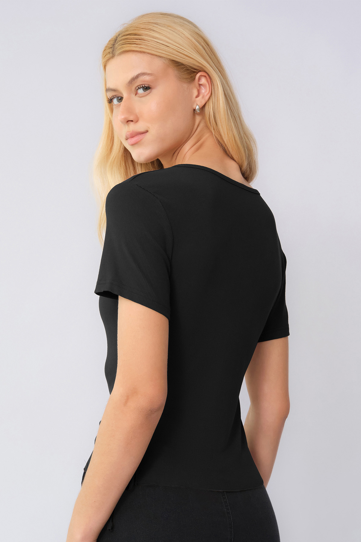 Elegant Solid Color V Neck Short Sleeve Side Drawstring Slim Top
