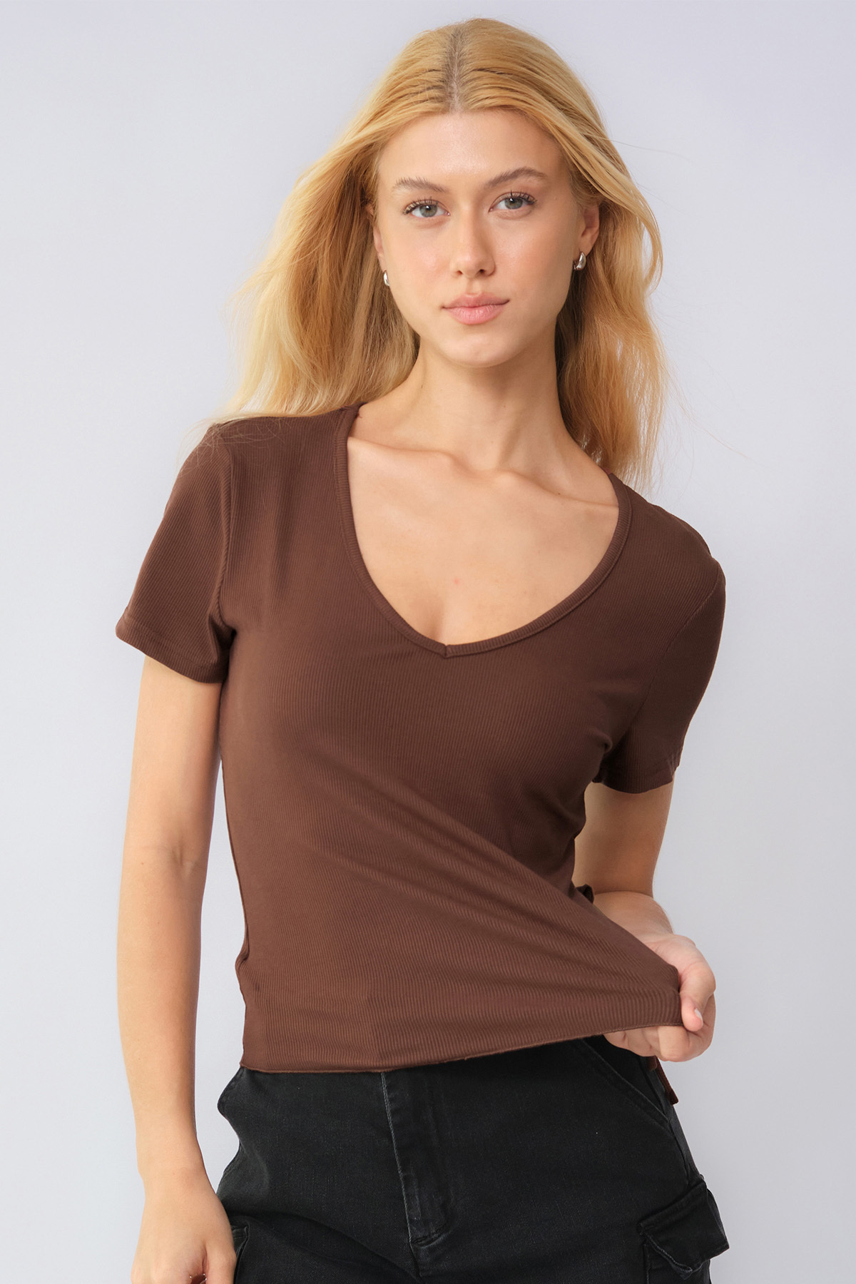 Elegant Solid Color V Neck Short Sleeve Side Drawstring Slim Top