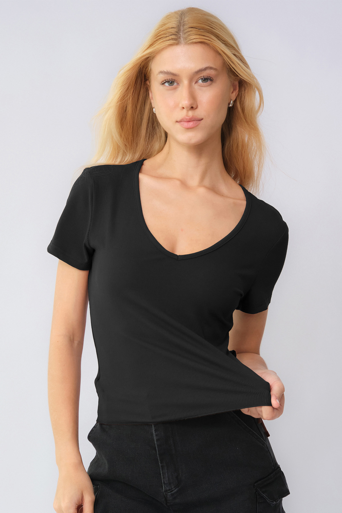Elegant Solid Color V Neck Short Sleeve Side Drawstring Slim Top