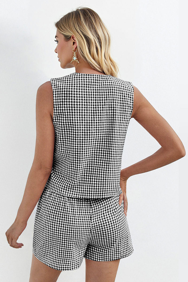 Minimalist Plaid Front Tie Loose Tank Top & Wide Leg Shorts Co-ord