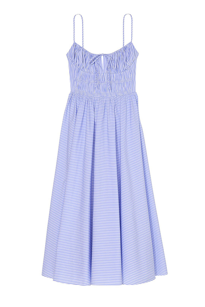 Casual Spaghetti Strap Front Tie Ruched Stripe Maxi Dress