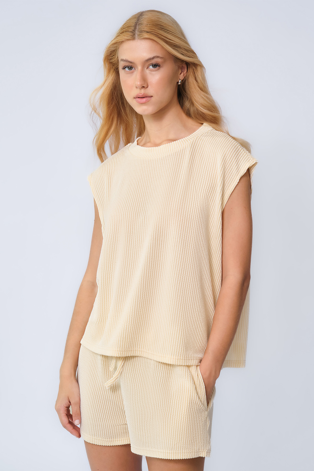Pinstripe Cap Sleeve Loose Top  & Drawstring Decor Shorts Co-ord