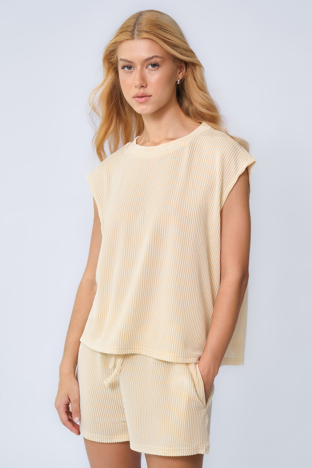 Pinstripe Cap Sleeve Loose Top  & Drawstring Decor Shorts Co-ord