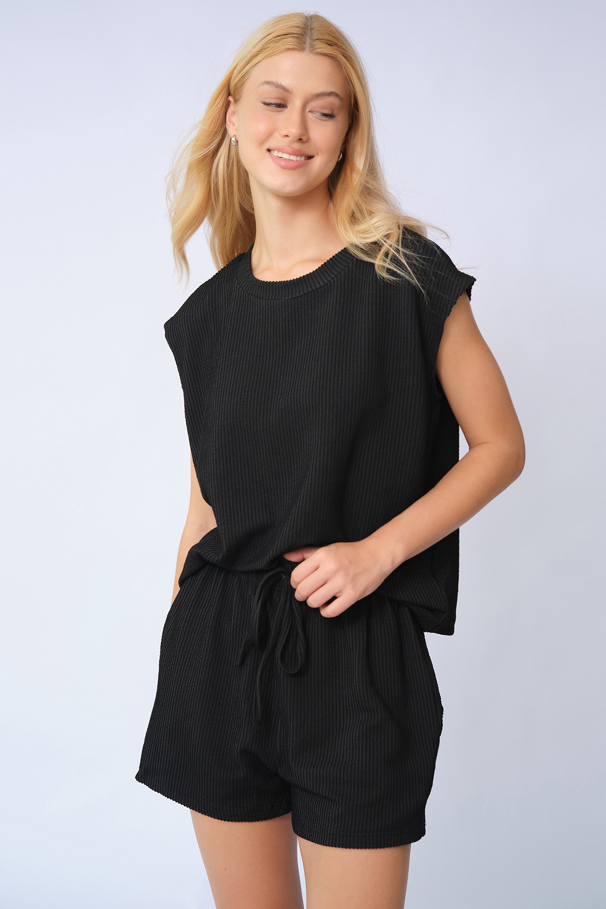 Pinstripe Cap Sleeve Loose Top & Drawstring Decor Shorts Co-ord