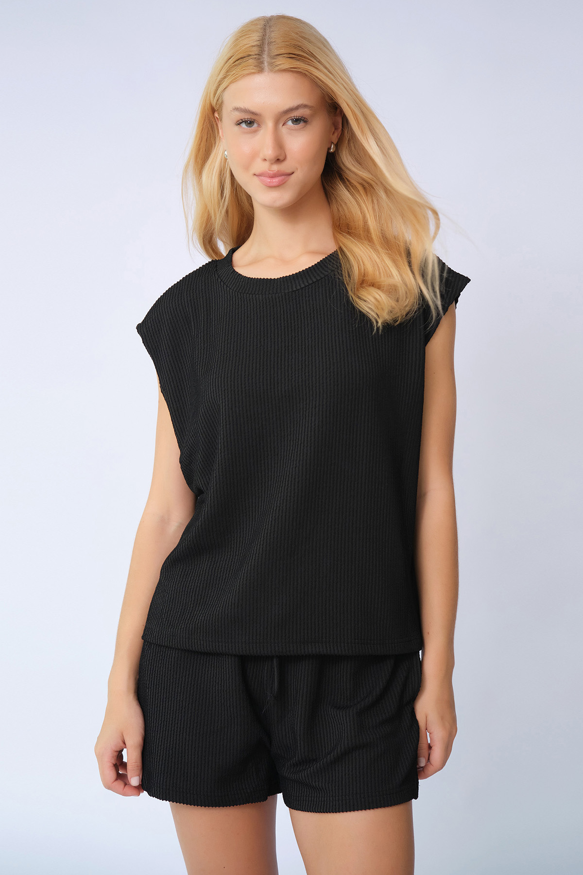 Pinstripe Cap Sleeve Loose Top  & Drawstring Decor Shorts Co-ord