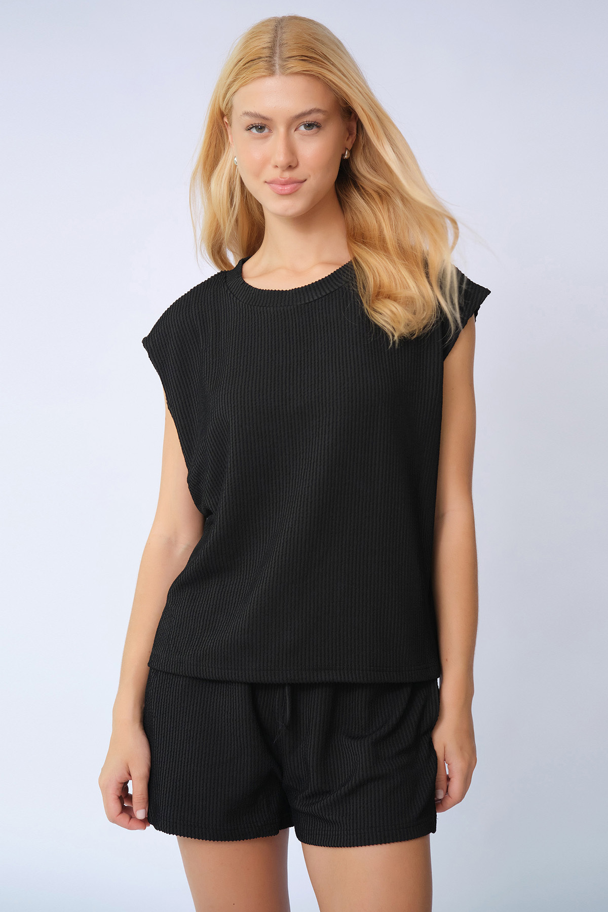 Pinstripe Cap Sleeve Loose Top & Drawstring Decor Shorts Co-ord