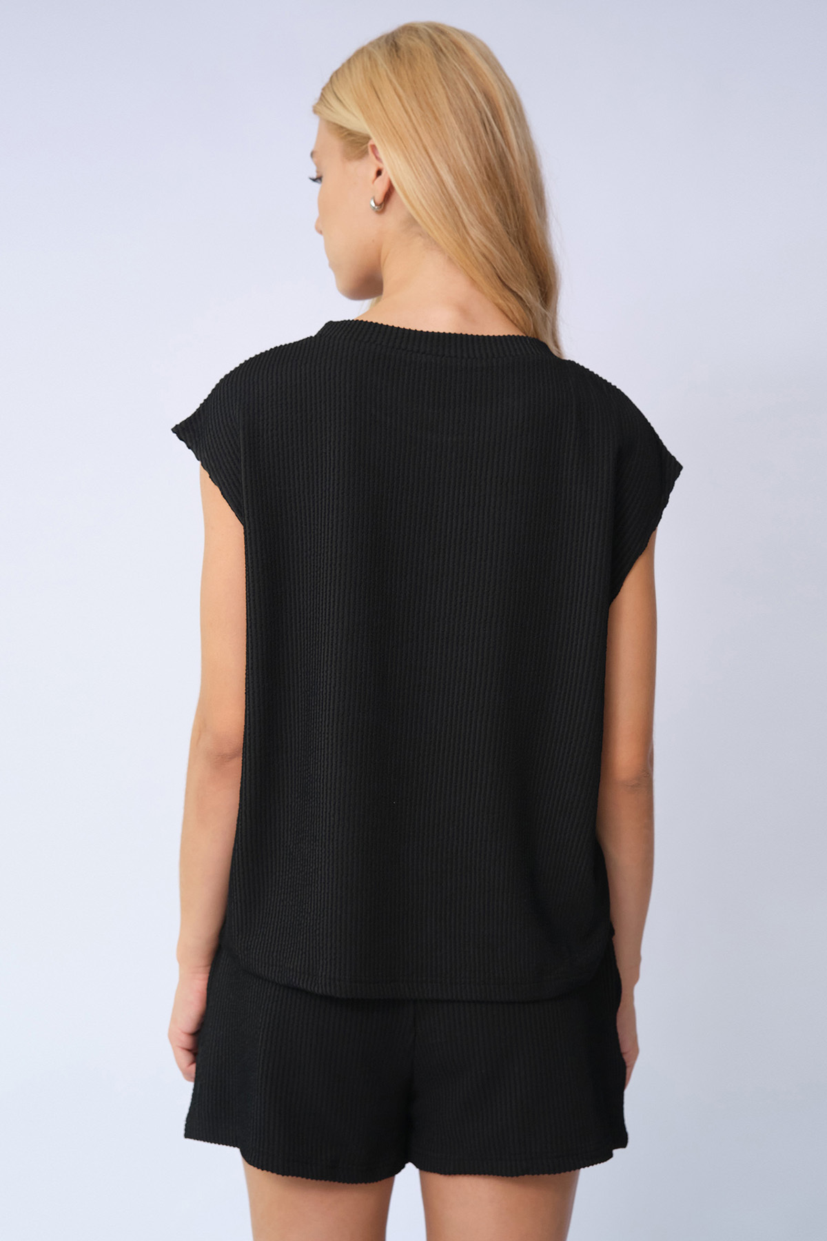 Pinstripe Cap Sleeve Loose Top & Drawstring Decor Shorts Co-ord