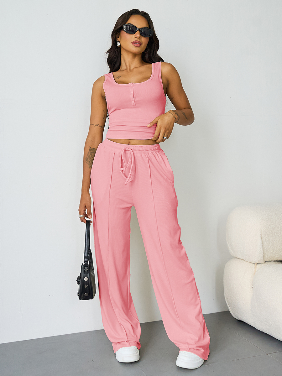 Casual U Neck Sleeveless Crop Top & Elastic Waist Wide Leg Pockets Swe