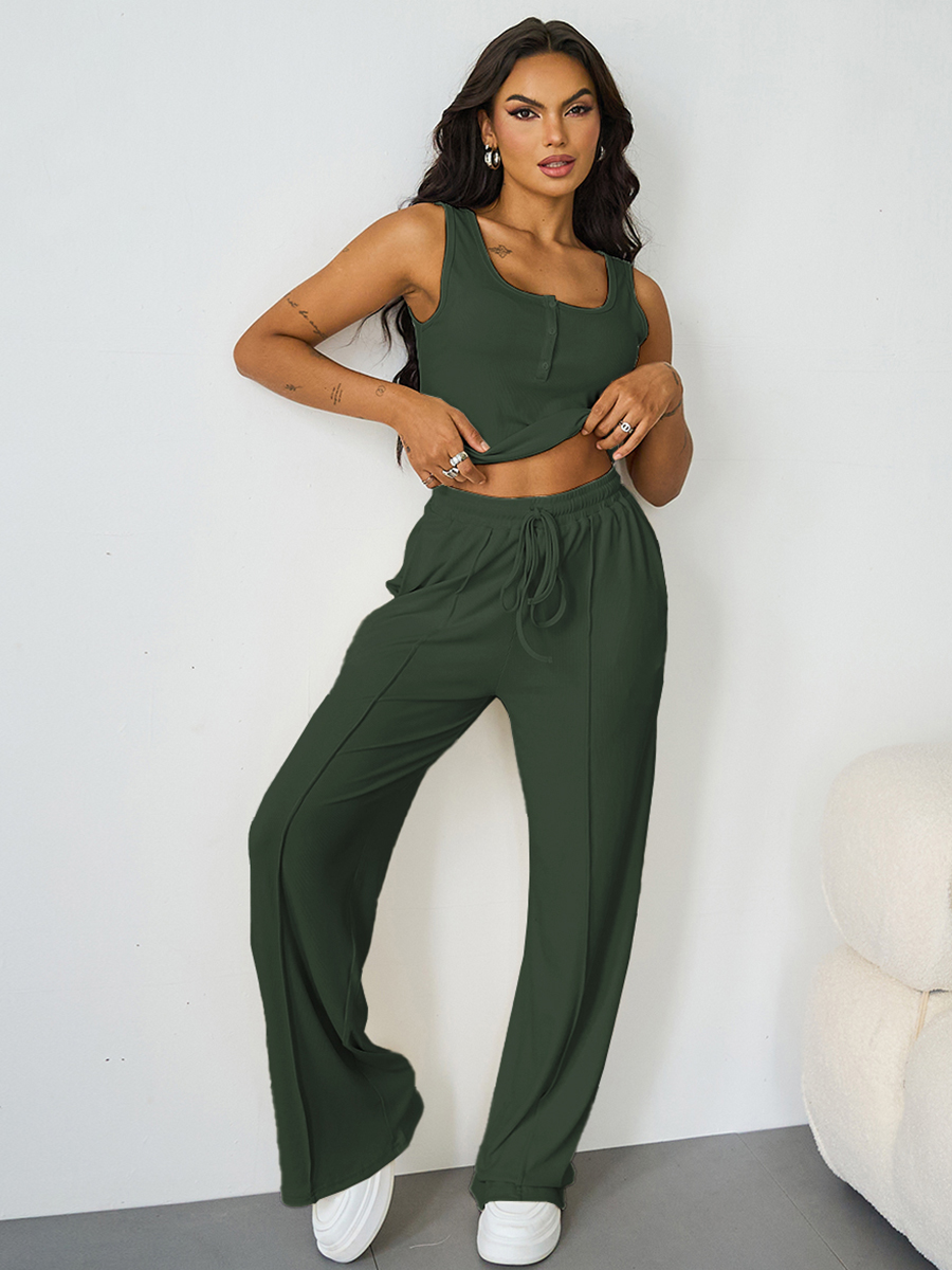 Casual U Neck Sleeveless Crop Top & Elastic Waist Wide Leg Pockets Sweatpants Co-ord