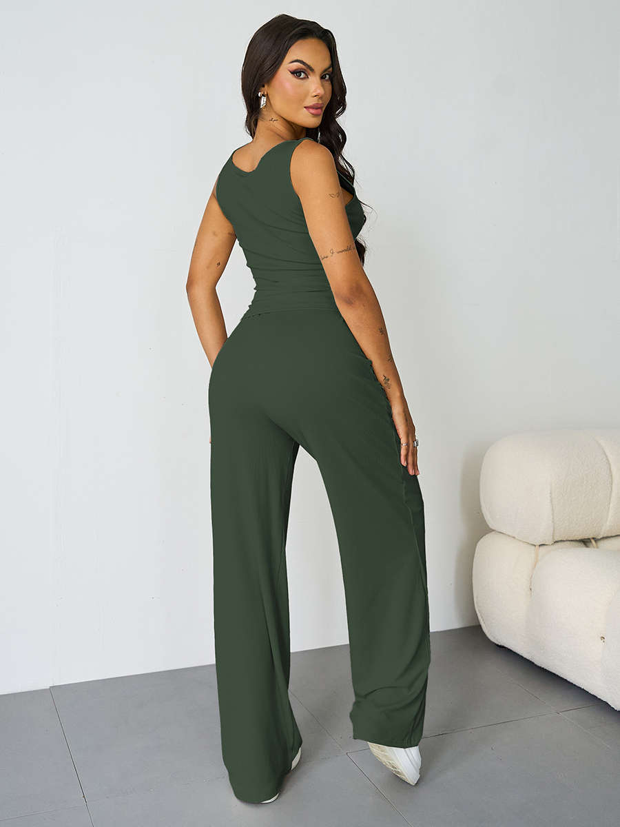 Casual U Neck Sleeveless Crop Top & Elastic Waist Wide Leg Pockets Sweatpants Co-ord