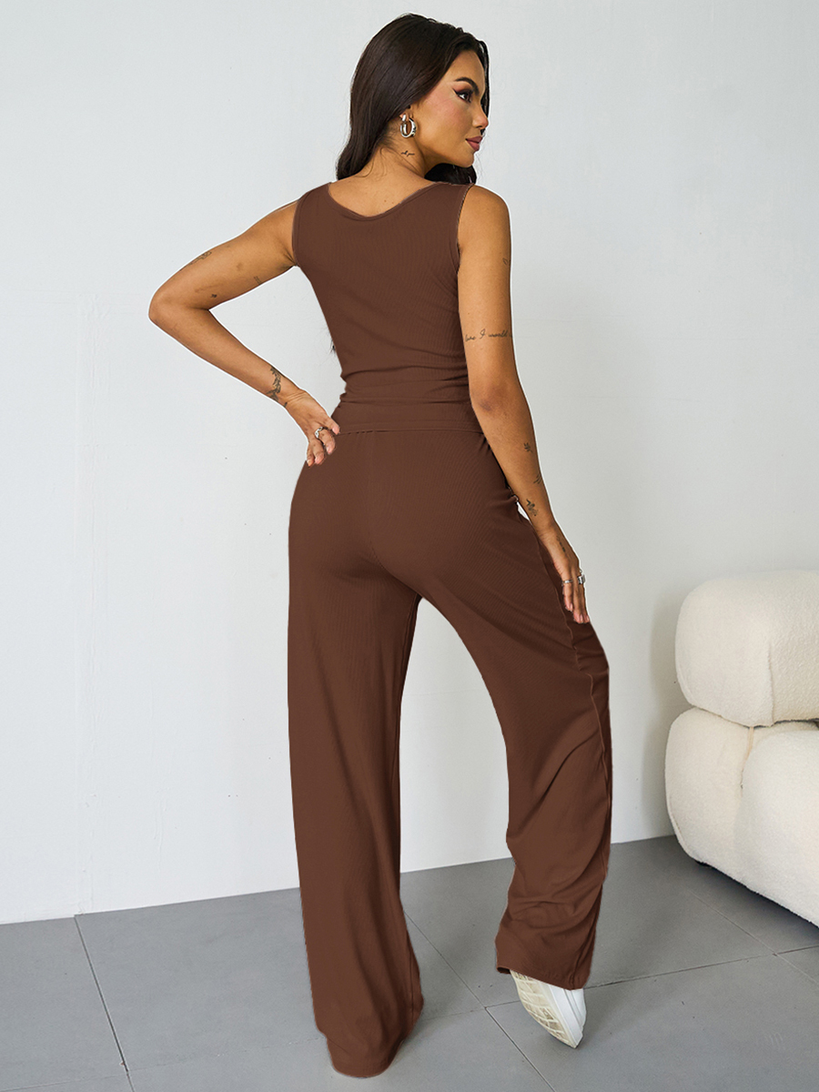 Casual U Neck Sleeveless Crop Top & Elastic Waist Wide Leg Pockets Sweatpants Co-ord