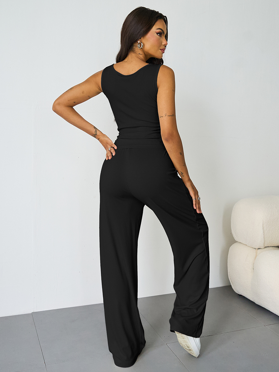 Casual U Neck Sleeveless Crop Top & Elastic Waist Wide Leg Pockets Sweatpants Co-ord