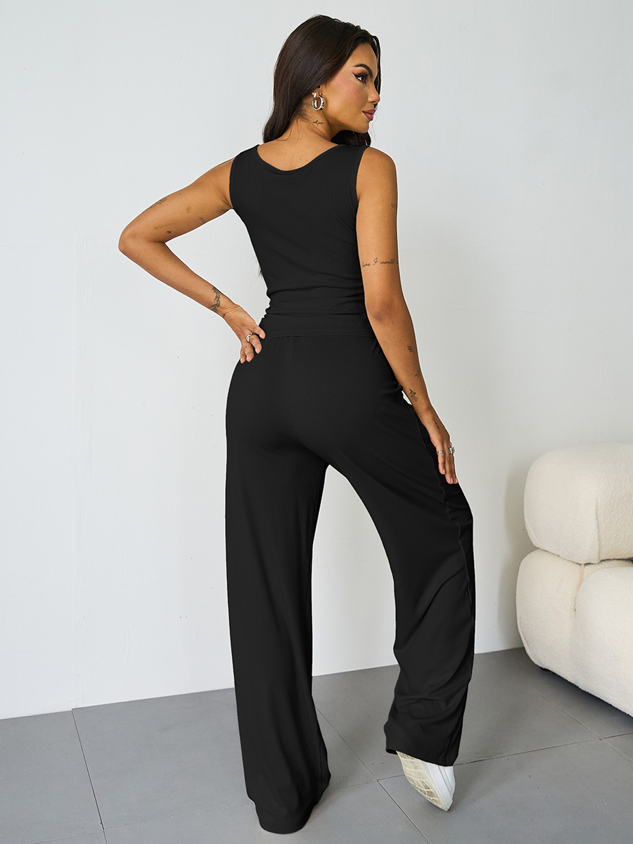 Casual U Neck Sleeveless Crop Top & Elastic Waist Wide Leg Pockets Sweatpants Co-ord