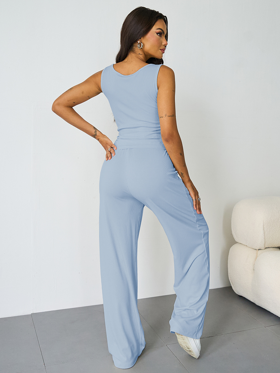 Casual U Neck Sleeveless Crop Top & Elastic Waist Wide Leg Pockets Sweatpants Co-ord