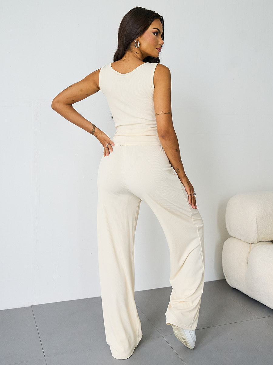 Casual U Neck Sleeveless Crop Top & Elastic Waist Wide Leg Pockets Sweatpants Co-ord