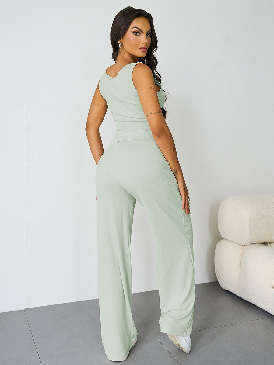 Casual U Neck Sleeveless Crop Top & Elastic Waist Wide Leg Pockets Sweatpants Co-ord