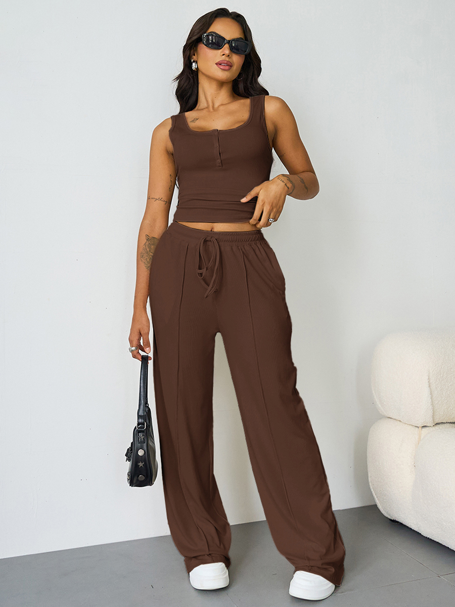 Casual U Neck Sleeveless Crop Top & Elastic Waist Wide Leg Pockets Sweatpants Co-ord