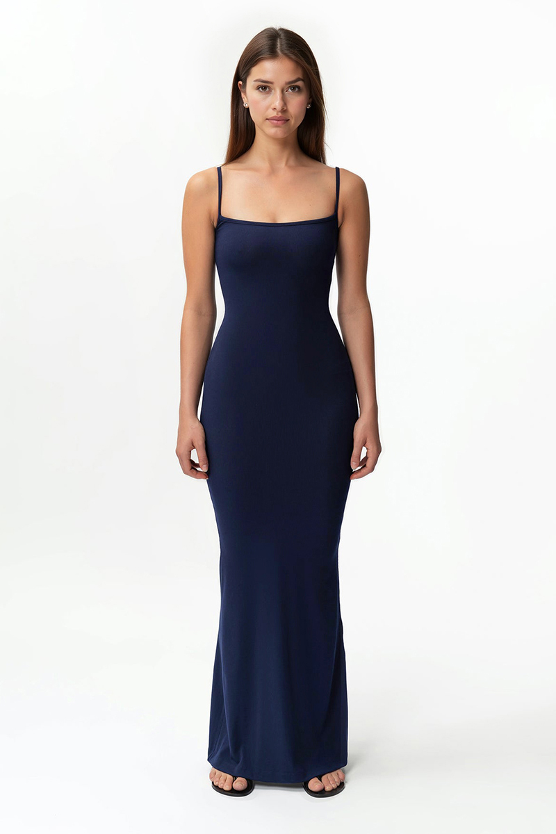 Elegant Solid Color Adjustable Strap Thin Waist Stretch Maxi Dress
