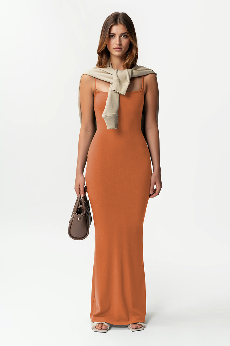 Elegant Solid Color Adjustable Strap Thin Waist Stretch Maxi Dress
