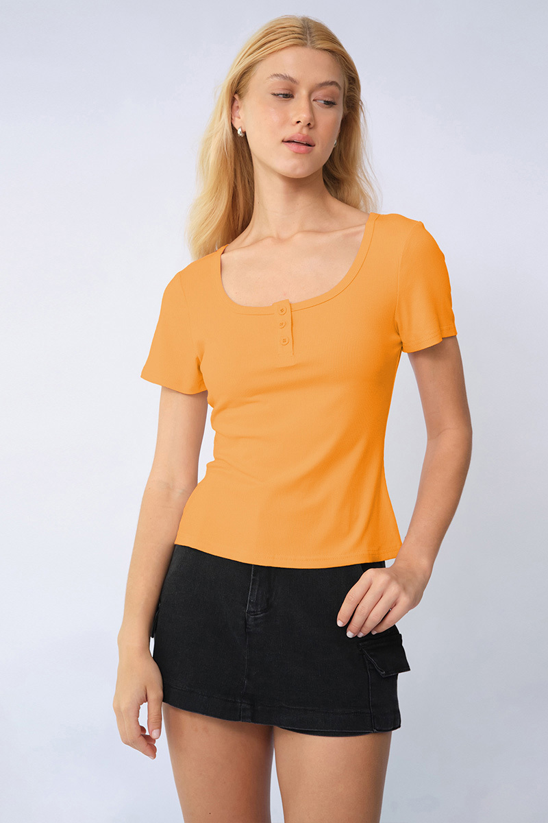 Basic Solid Color Button Square Neck Slim Short Sleeve Top
