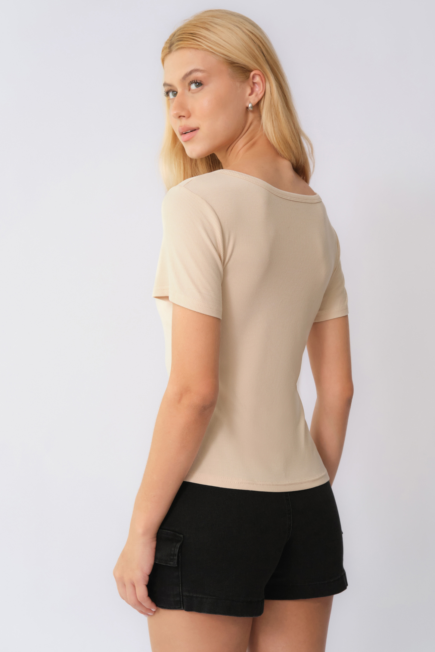 Basic Solid Color Button Square Neck Slim Short Sleeve Top