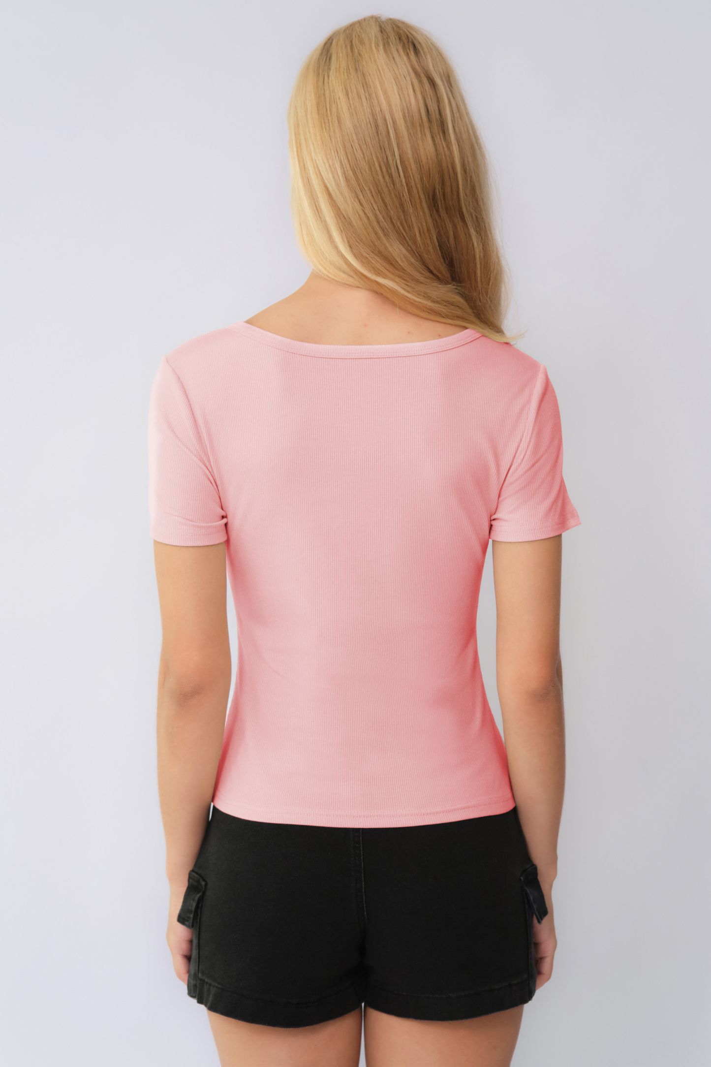 Basic Solid Color Button Square Neck Slim Short Sleeve Top