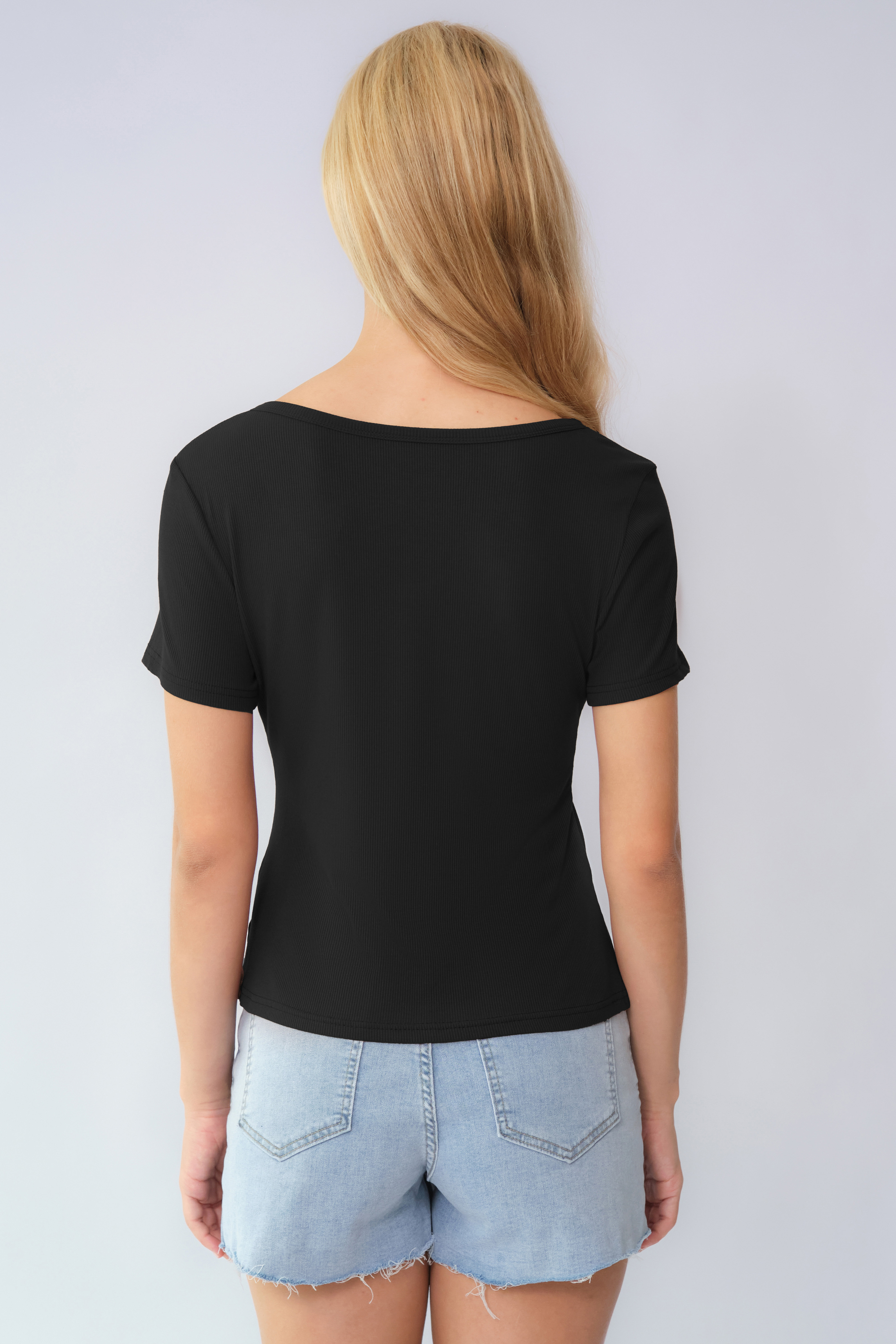 Basic Solid Color Button Square Neck Slim Short Sleeve Top
