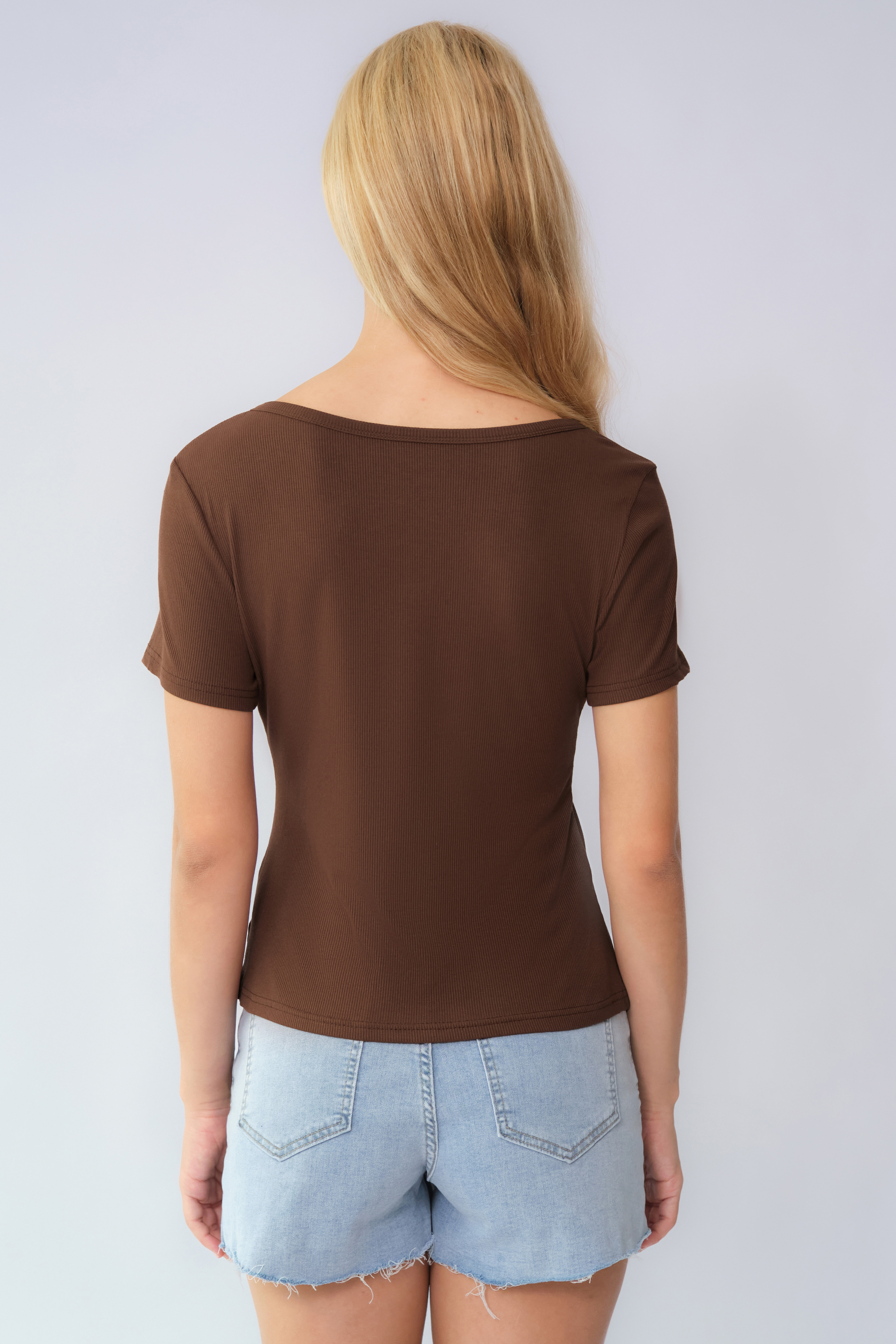 Basic Solid Color Button Square Neck Slim Short Sleeve Top