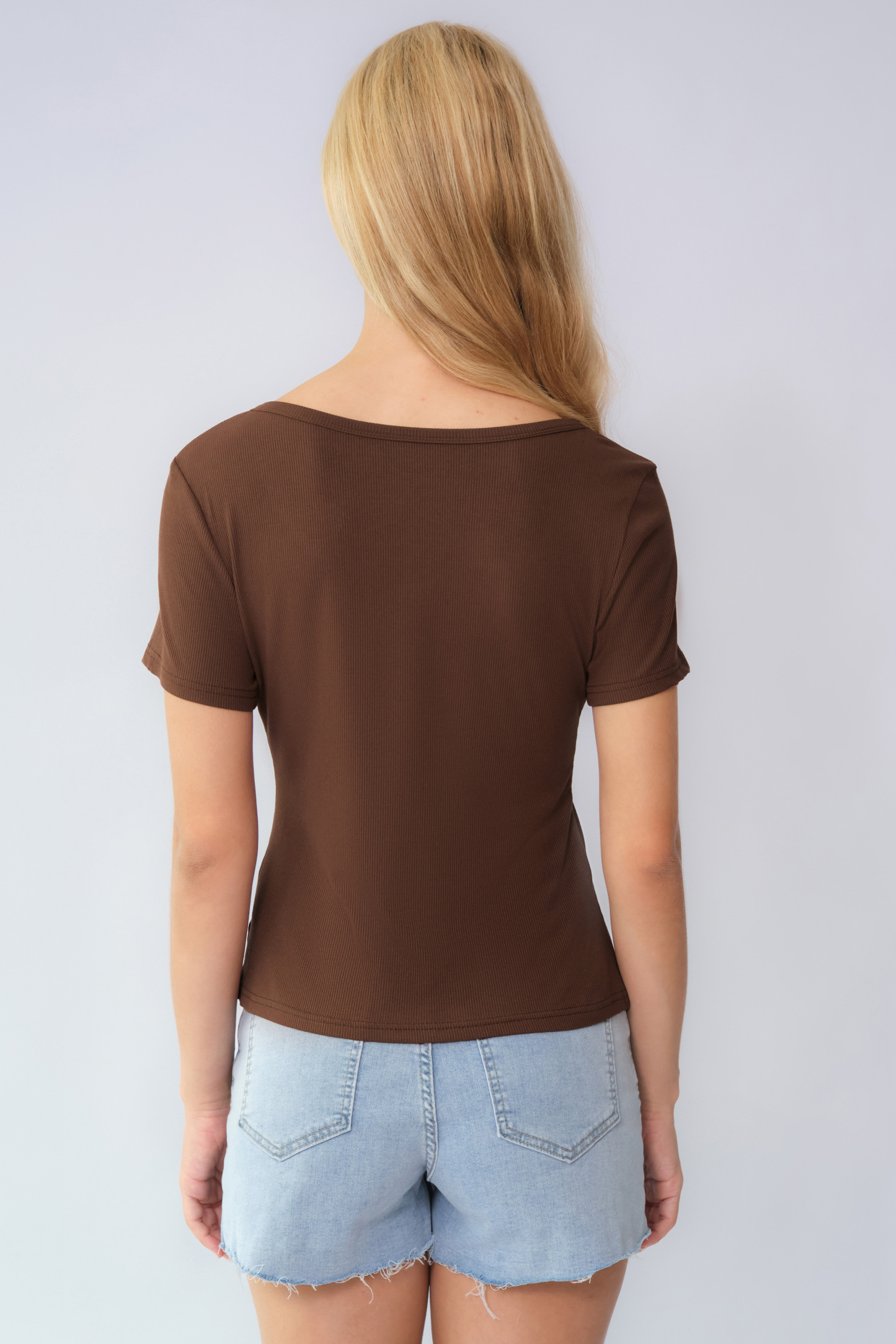 Basic Solid Color Button Square Neck Slim Short Sleeve Top