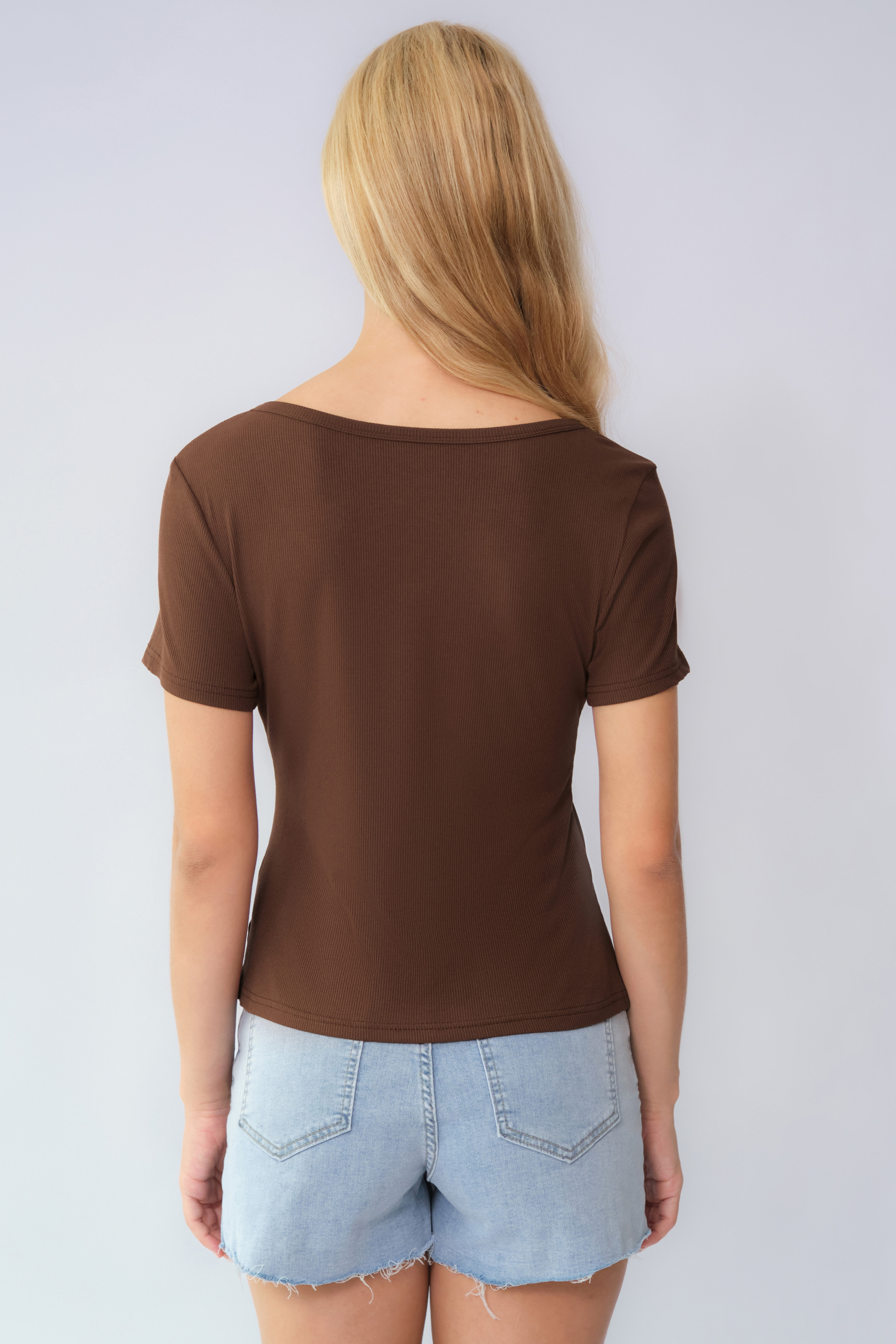 Basic Solid Color Button Square Neck Slim Short Sleeve Top