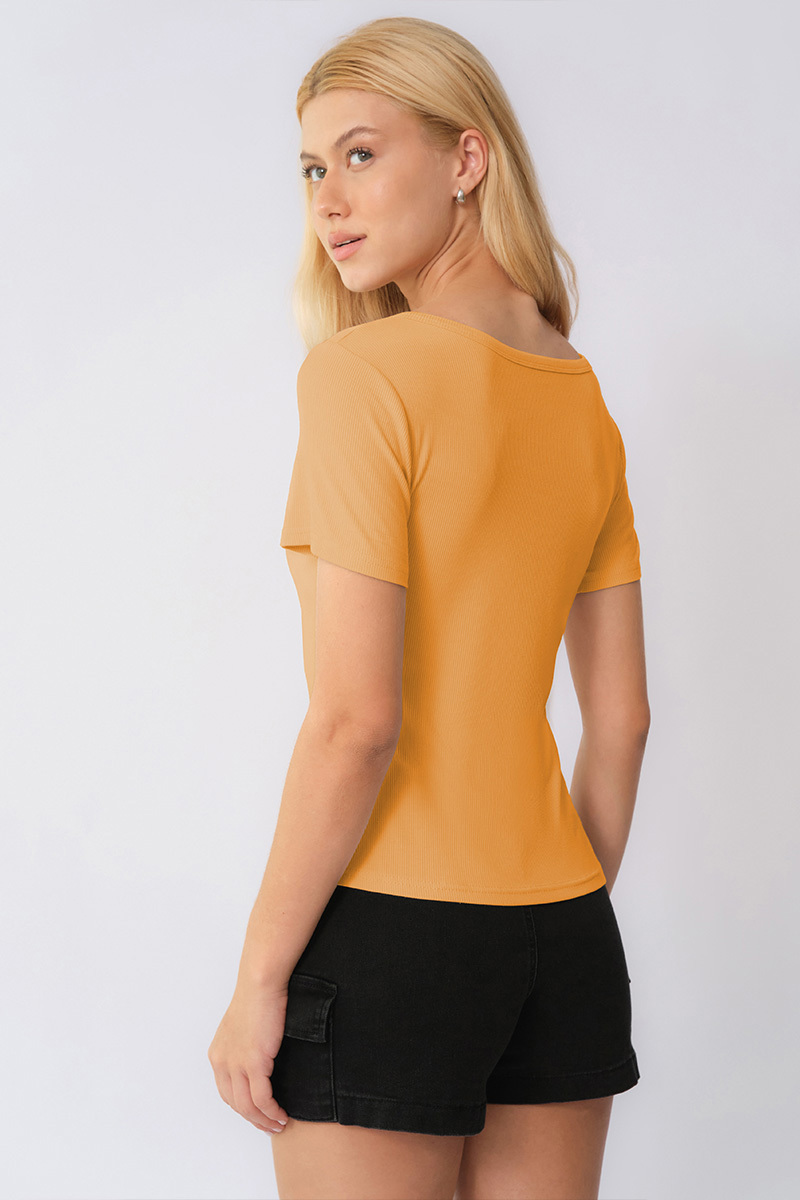 Basic Solid Color Button Square Neck Slim Short Sleeve Top