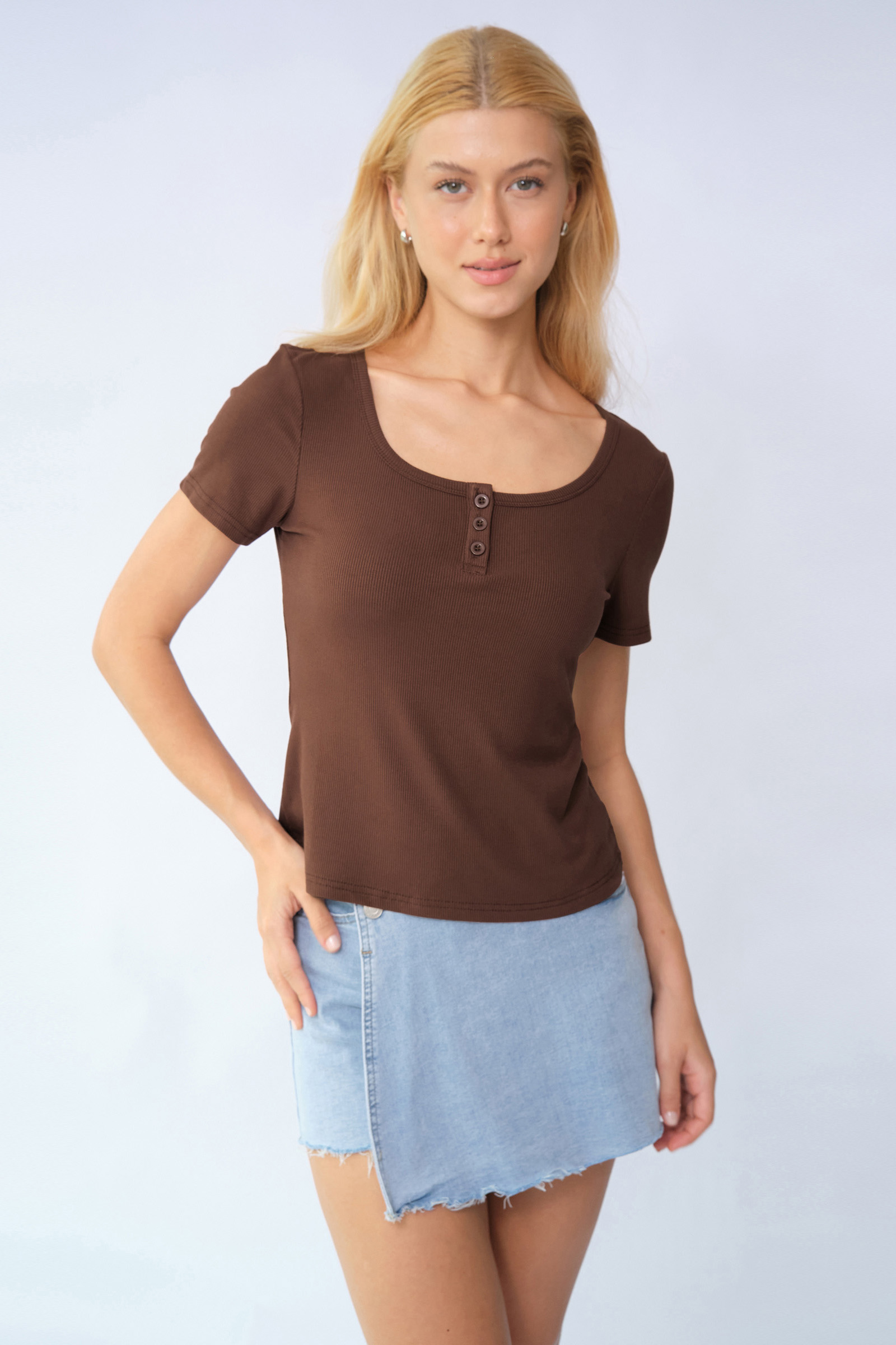 Basic Solid Color Button Square Neck Slim Short Sleeve Top