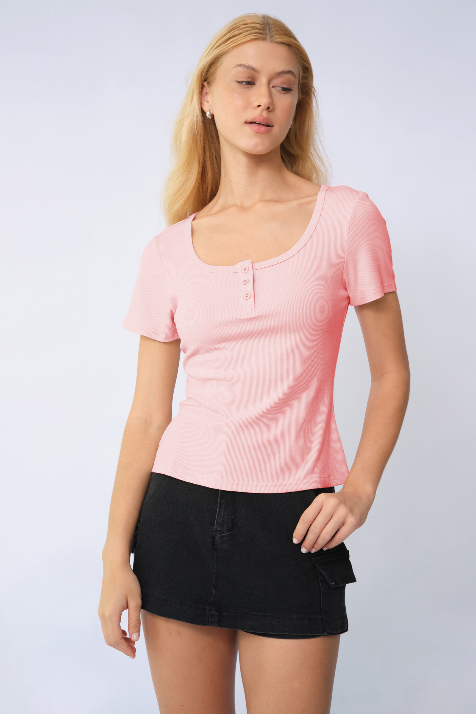 Basic Solid Color Button Square Neck Slim Short Sleeve Top