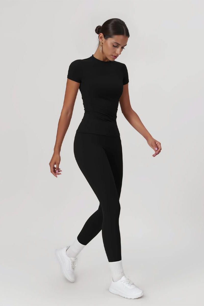 Workout Solid Color Stretch Round Neck Short Sleeve Top & Skinny Leggings Co-ord