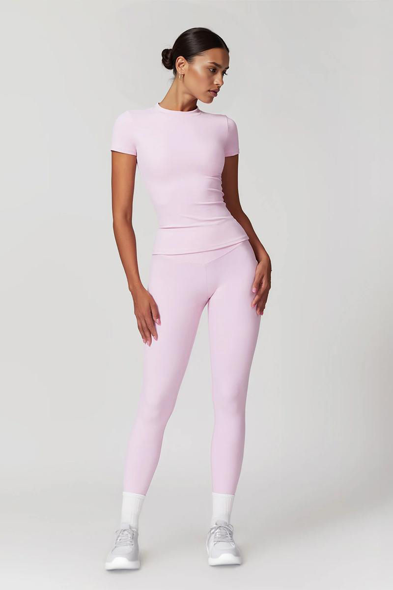 Workout Solid Color Stretch Round Neck Short Sleeve Top & Skinny Leggings Co-ord