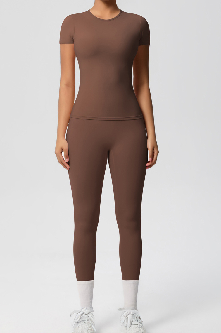 Workout Solid Color Stretch Round Neck Short Sleeve Top & Skinny Leggings Co-ord