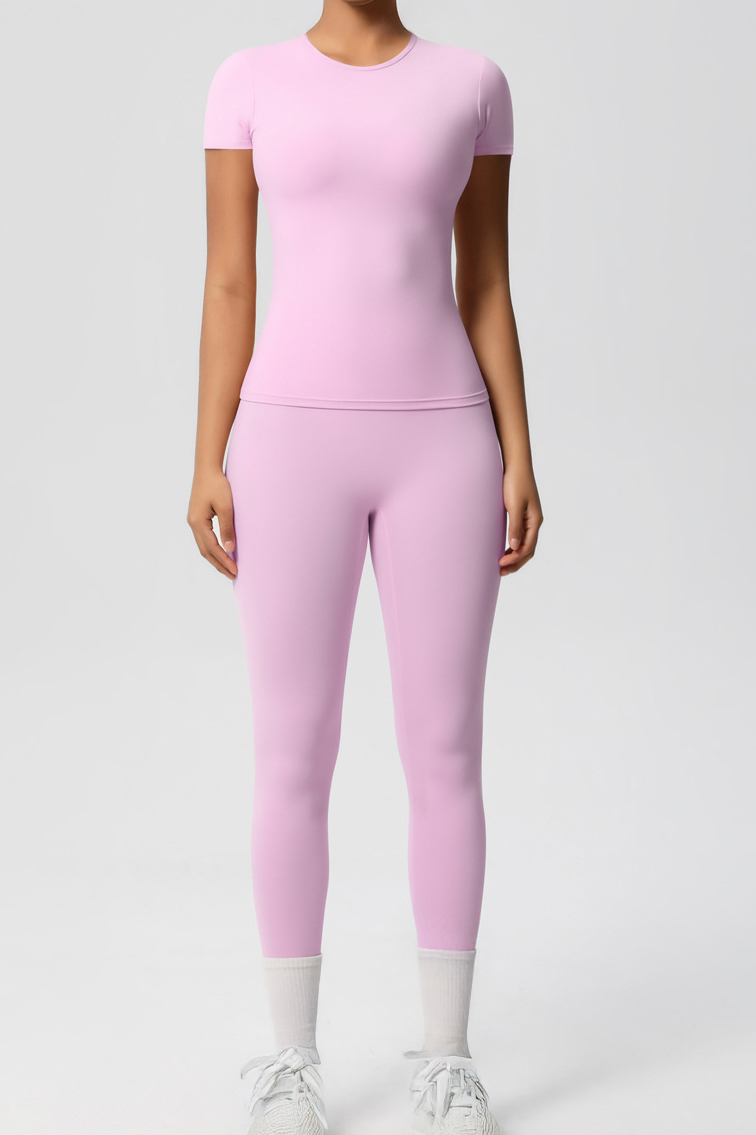 Workout Solid Color Stretch Round Neck Short Sleeve Top & Skinny Leggings Co-ord