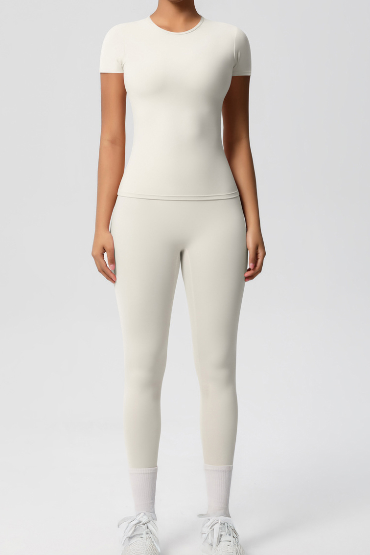 Workout Solid Color Stretch Round Neck Short Sleeve Top & Skinny Leggings Co-ord