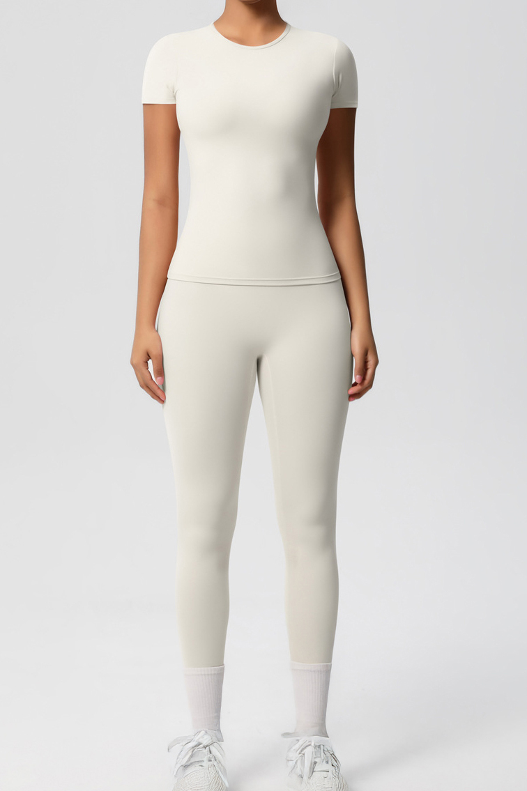 Workout Solid Color Stretch Round Neck Short Sleeve Top & Skinny Leggings Co-ord