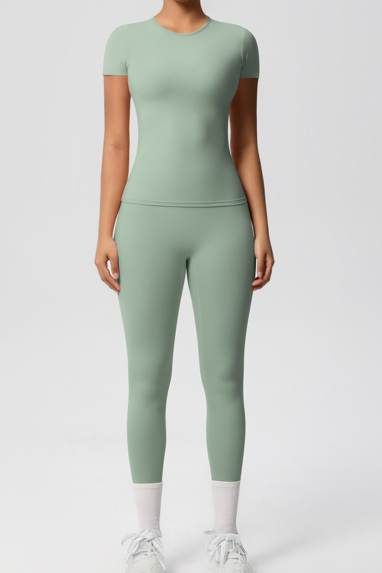 Workout Solid Color Stretch Round Neck Short Sleeve Top & Skinny Leggings Co-ord