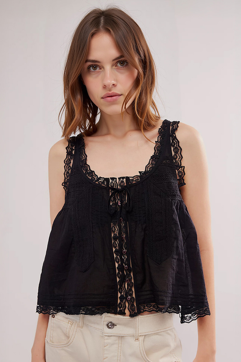 Summer Breezy Front Tie Button Lace Trim Camisole