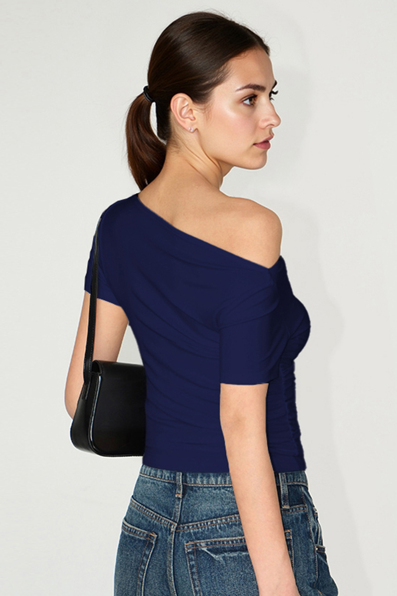 Casual Solid Color Scoop Neck Shirred Short Sleeve Top