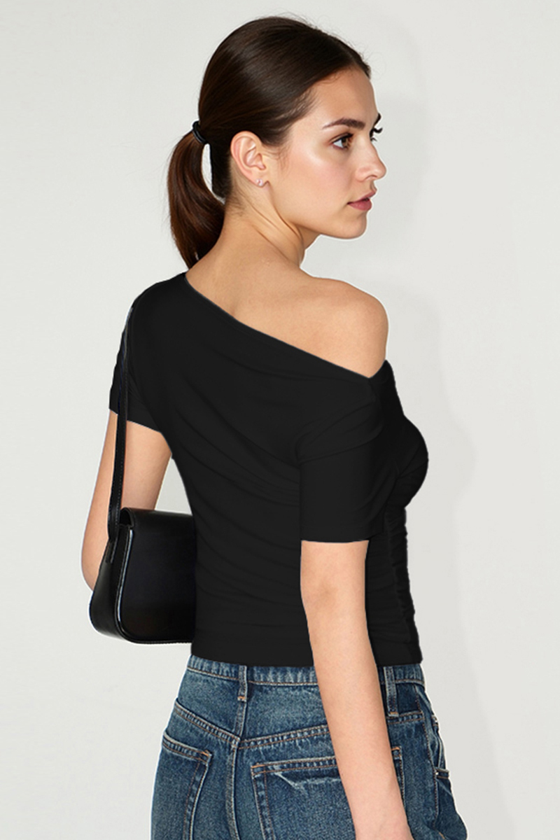 Casual Solid Color Scoop Neck Shirred Short Sleeve Top