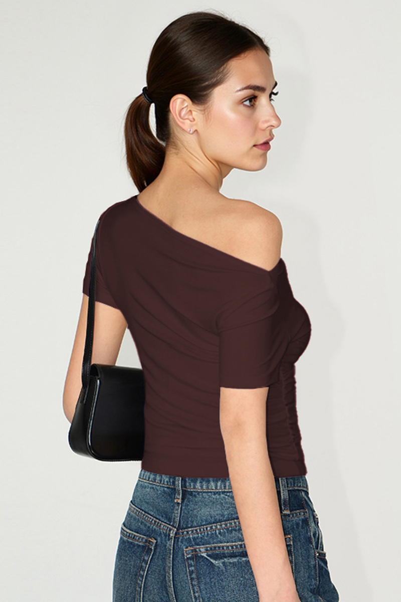 Casual Solid Color Scoop Neck Shirred Short Sleeve Top